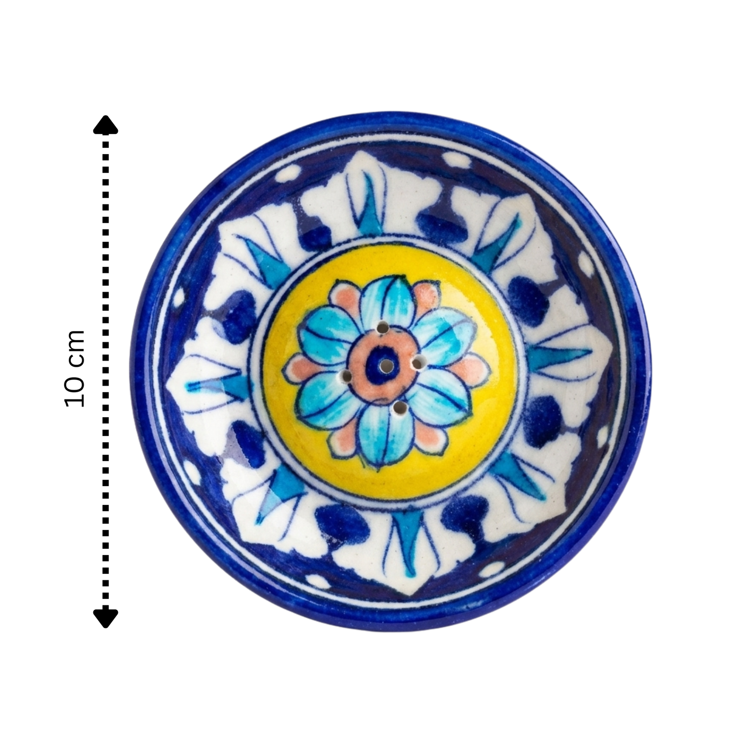 Jaipur Blue Pottery incense holder size reference — 10cm diameter, cobalt and yellow lotus motif