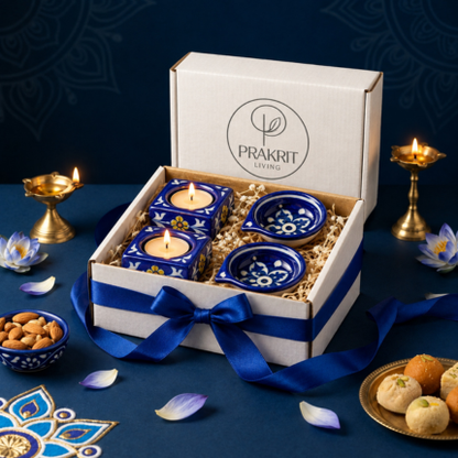 Diya & Tealight Duo — Blue Pottery Diwali Gift Set