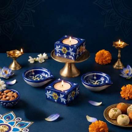 Diya & Tealight Duo — Blue Pottery Diwali Gift Set