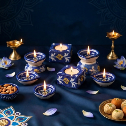 Diya & Tealight Duo — Blue Pottery Diwali Gift Set