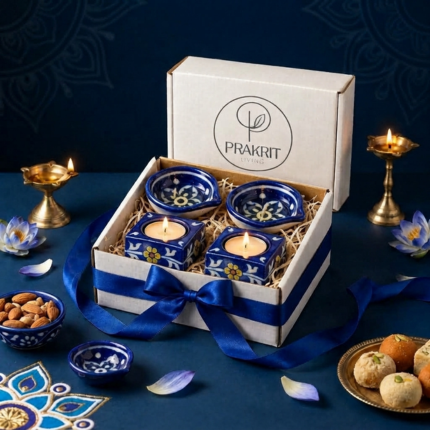 Diya & Tealight Duo — Blue Pottery Diwali Gift Set