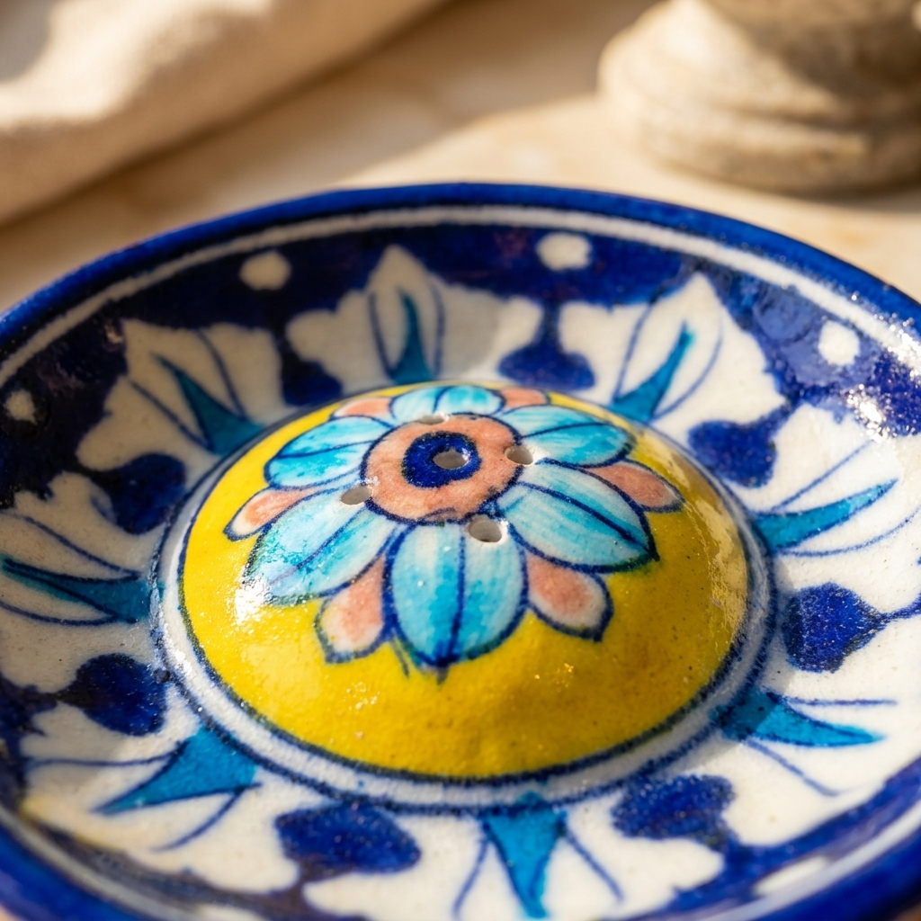 Artisan-painted lotus dome detail on a Jaipur Blue Pottery incense holder, brushwork in cobalt and teal