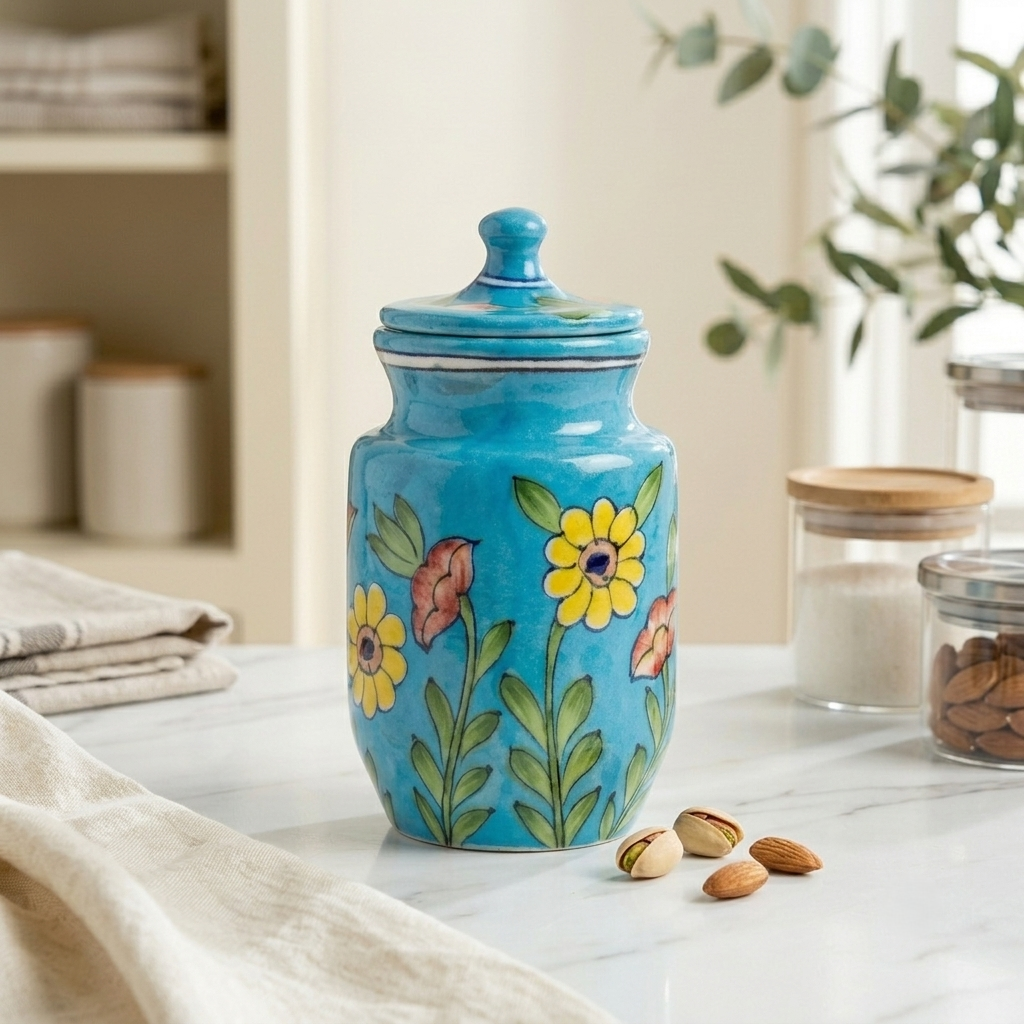Artisan ceramic storage jar in Jaipur Blue Pottery style — turquoise glaze, sunflower and vine design