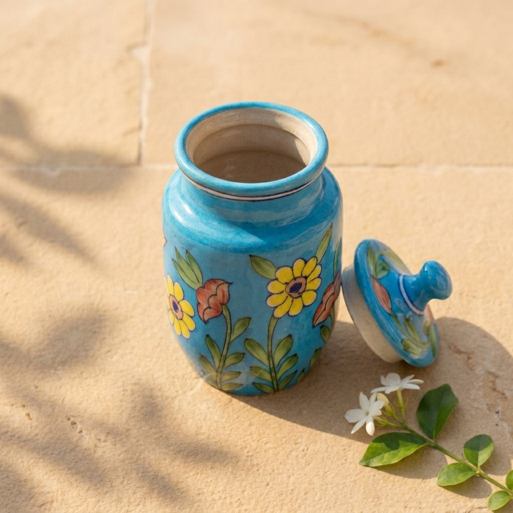 Handmade Jaipur pottery jar with turquoise glaze and botanical motif in a warm wooden home interior