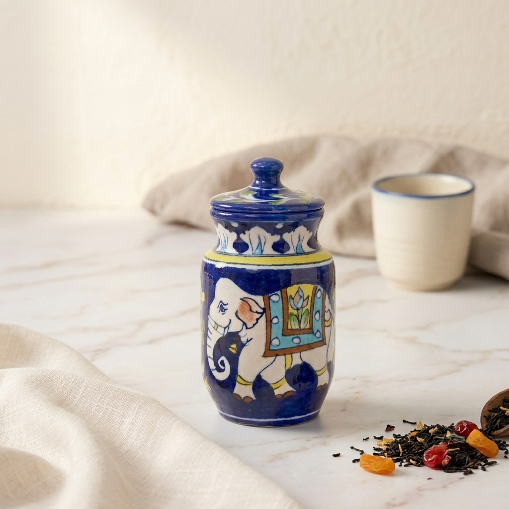 Artisan Jaipur Blue Pottery storage jar with lid designed with royal elephant motif, styled as a countertop ceramic canister