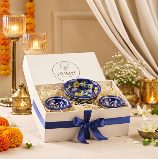 2 Diyas & Footed Bowl Set — Small Diwali Gift