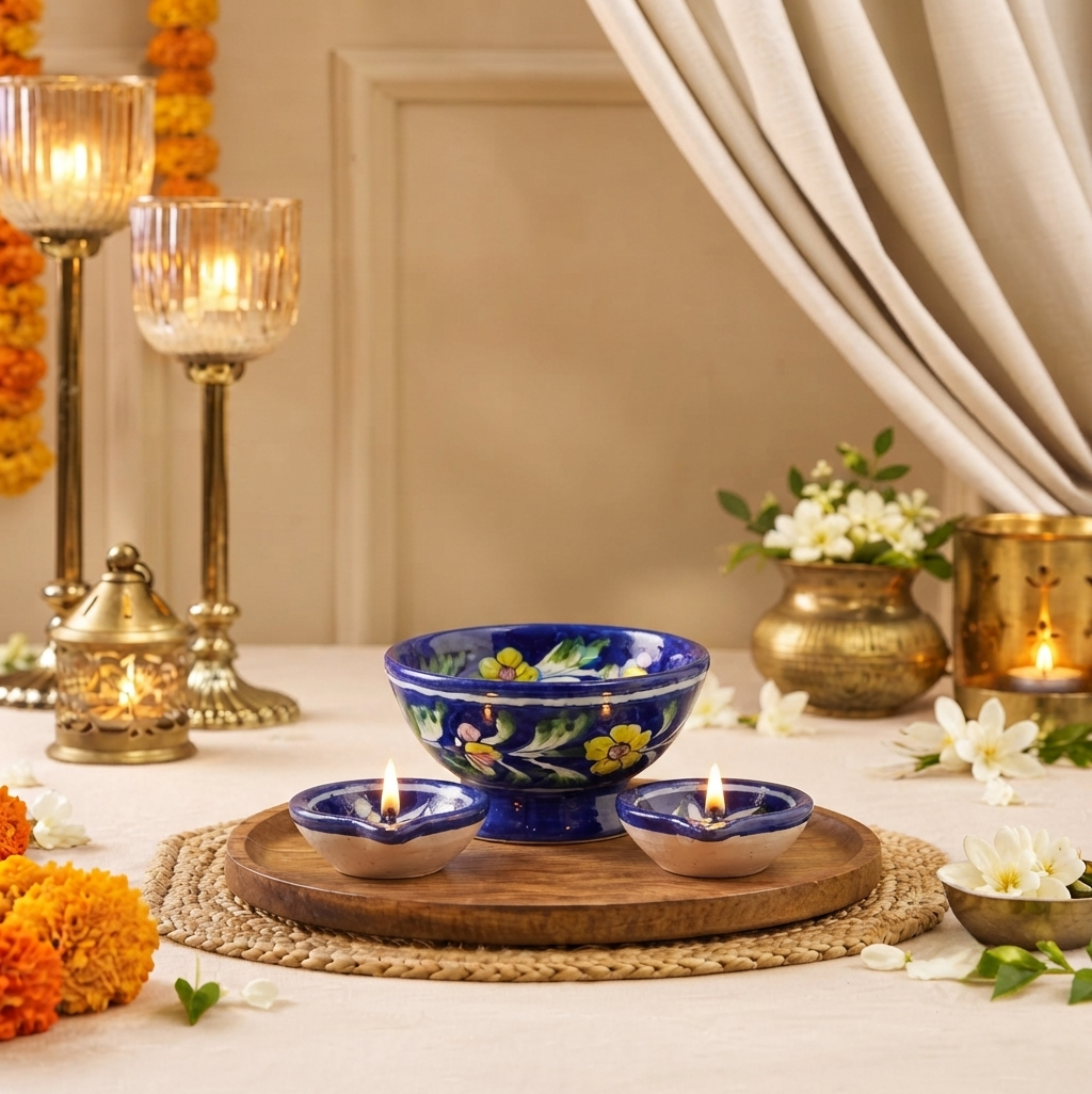 2 Diyas & Footed Bowl Set — Small Diwali Gift