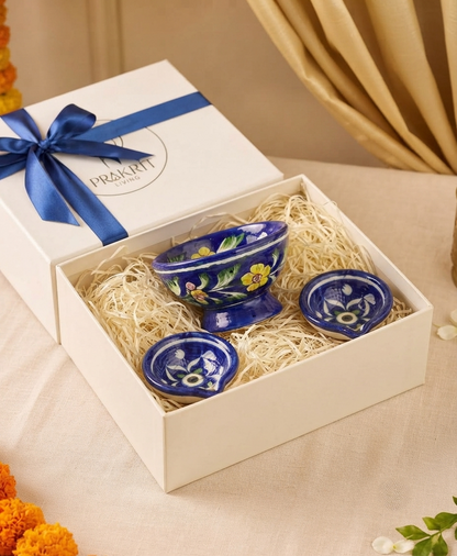2 Diyas & Footed Bowl Set — Small Diwali Gift