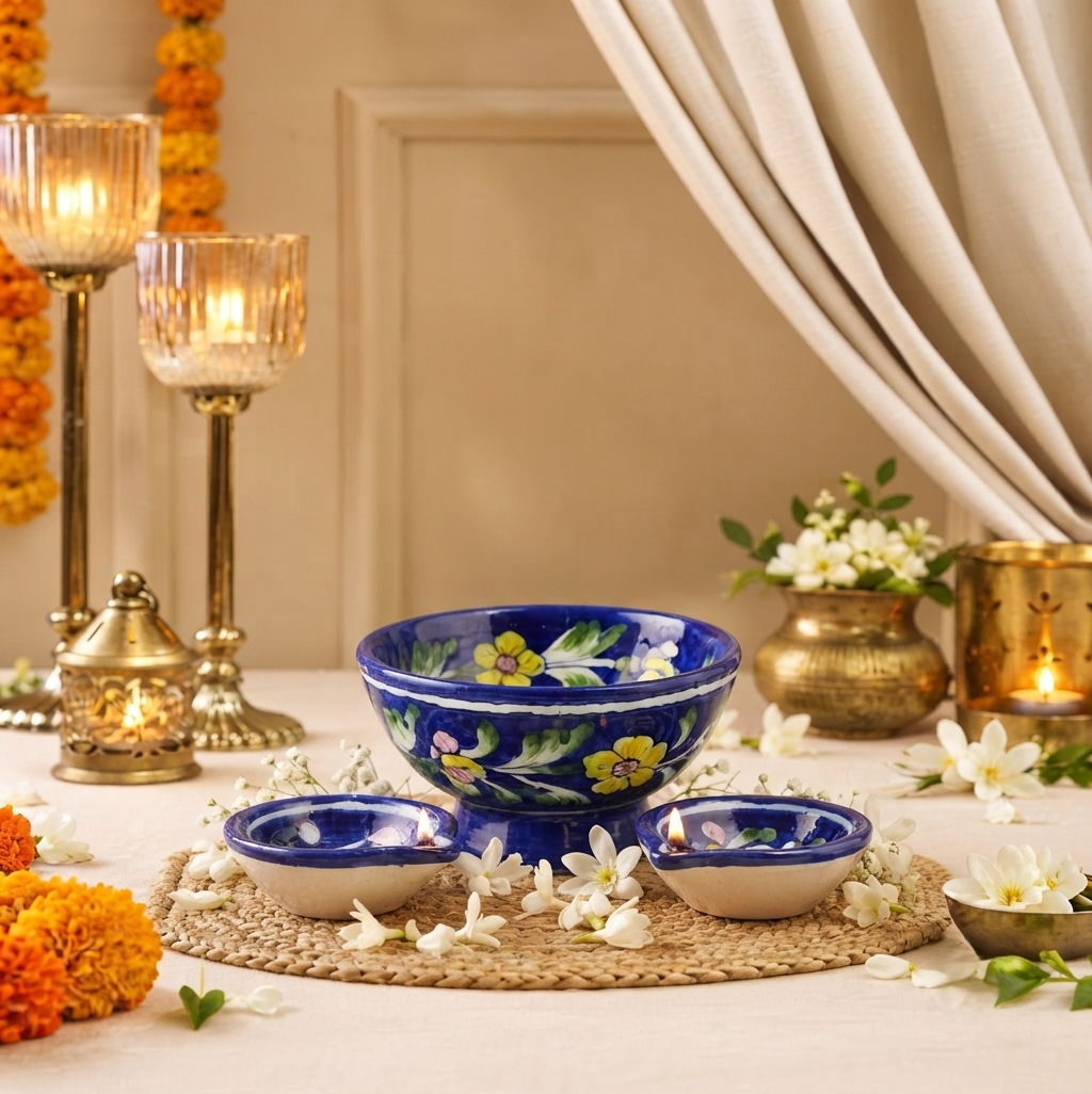 2 Diyas & Footed Bowl Set — Small Diwali Gift