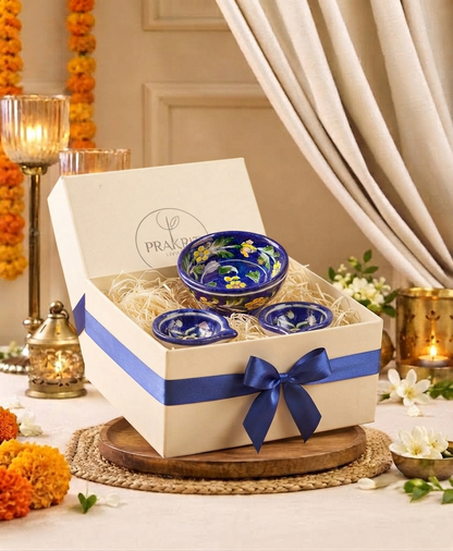 2 Diyas & Footed Bowl Set — Small Diwali Gift