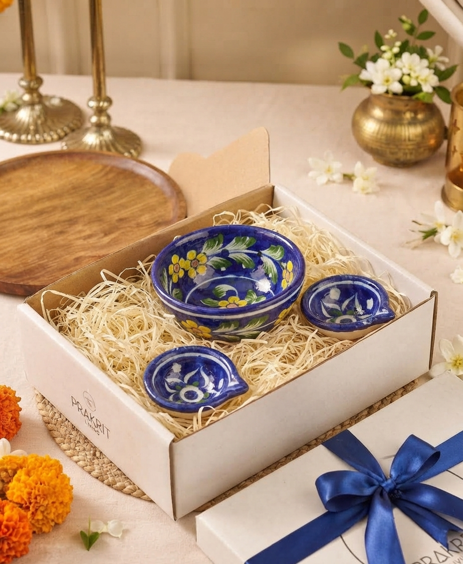 2 Diyas & Footed Bowl Set — Small Diwali Gift