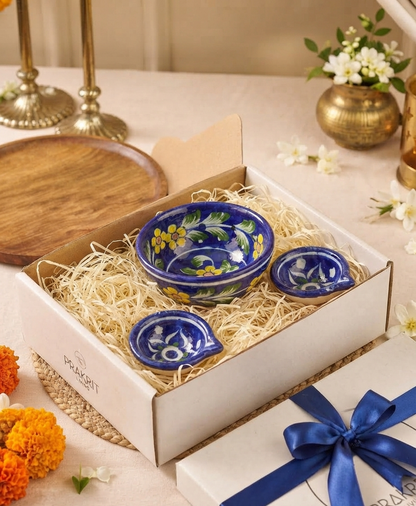 2 Diyas & Footed Bowl Set — Small Diwali Gift