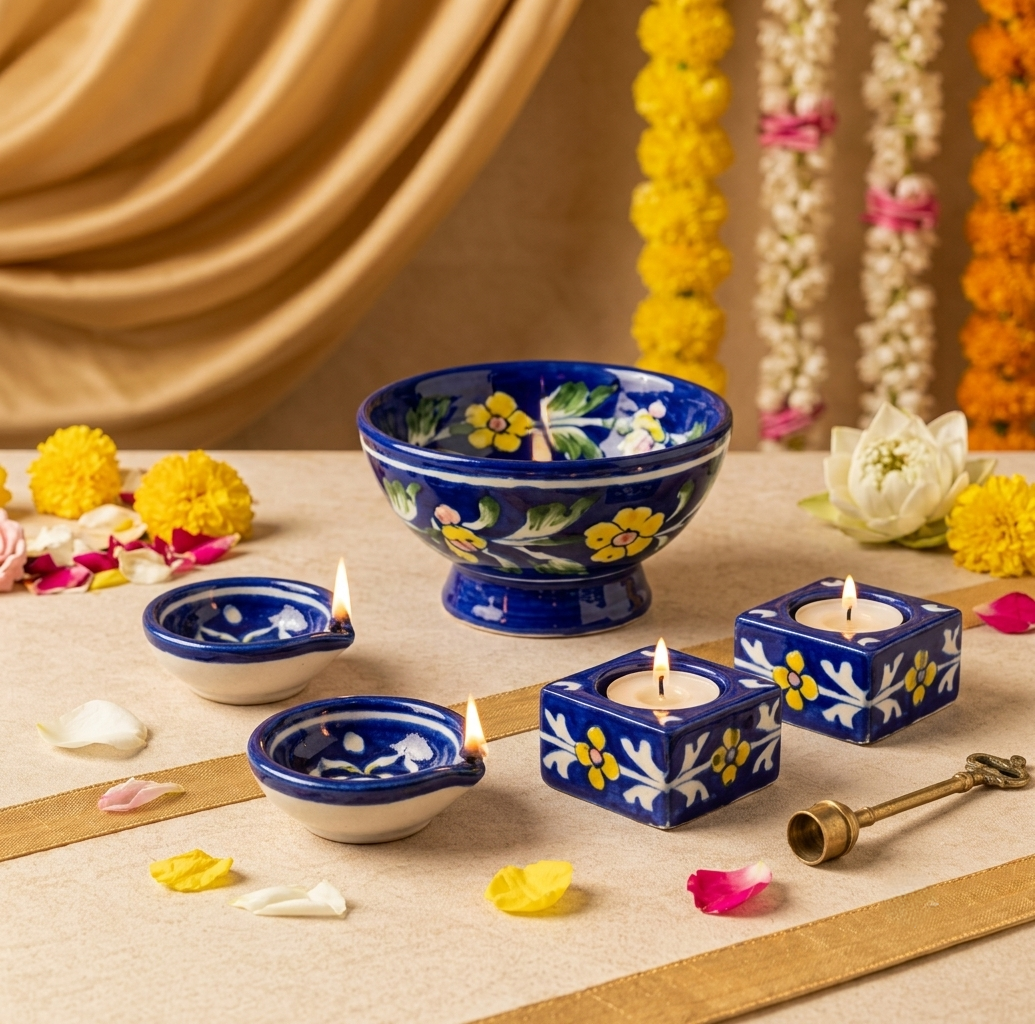 Festive Home Set — Diya, Tealight & Footed Bowl