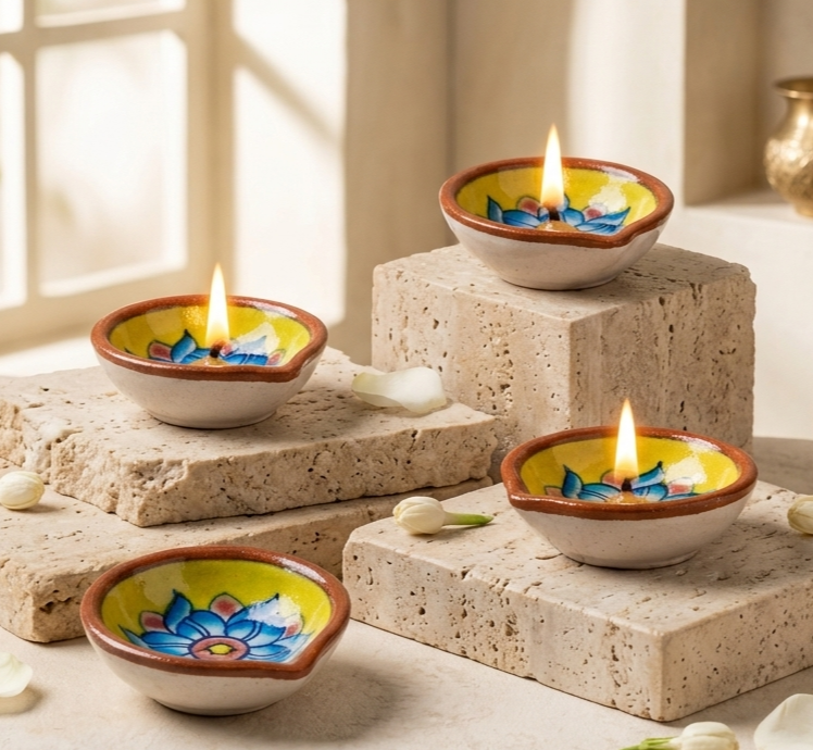 Four handcrafted Jaipur Blue Pottery diyas with glowing flames displayed on stepped stone platforms for Diwali décor.