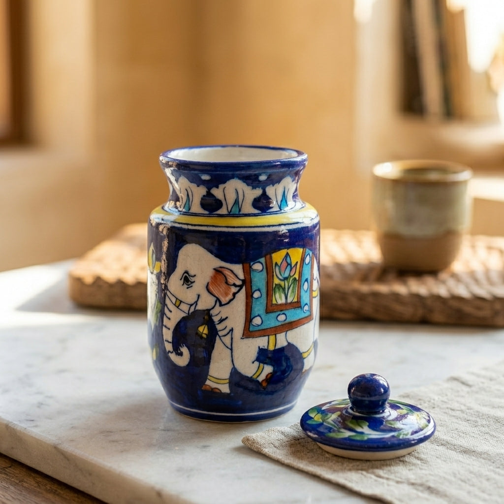 Full view of a handpainted Jaipur Blue Pottery elephant storage jar in traditional cobalt blue, white elephant motif, knob-lid finial