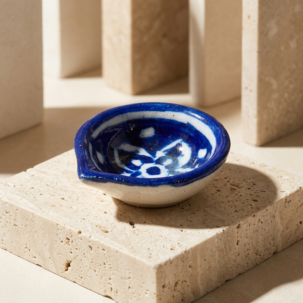 Single hand-painted Jaipur Blue Pottery diya with white floral motif displayed on a natural stone pedestal