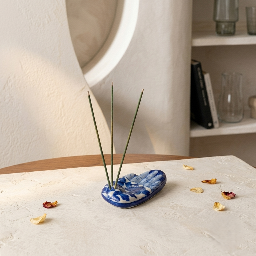 Jaipur Blue Pottery hand incense holder with cobalt floral vine motif, three agarbatti sticks in use