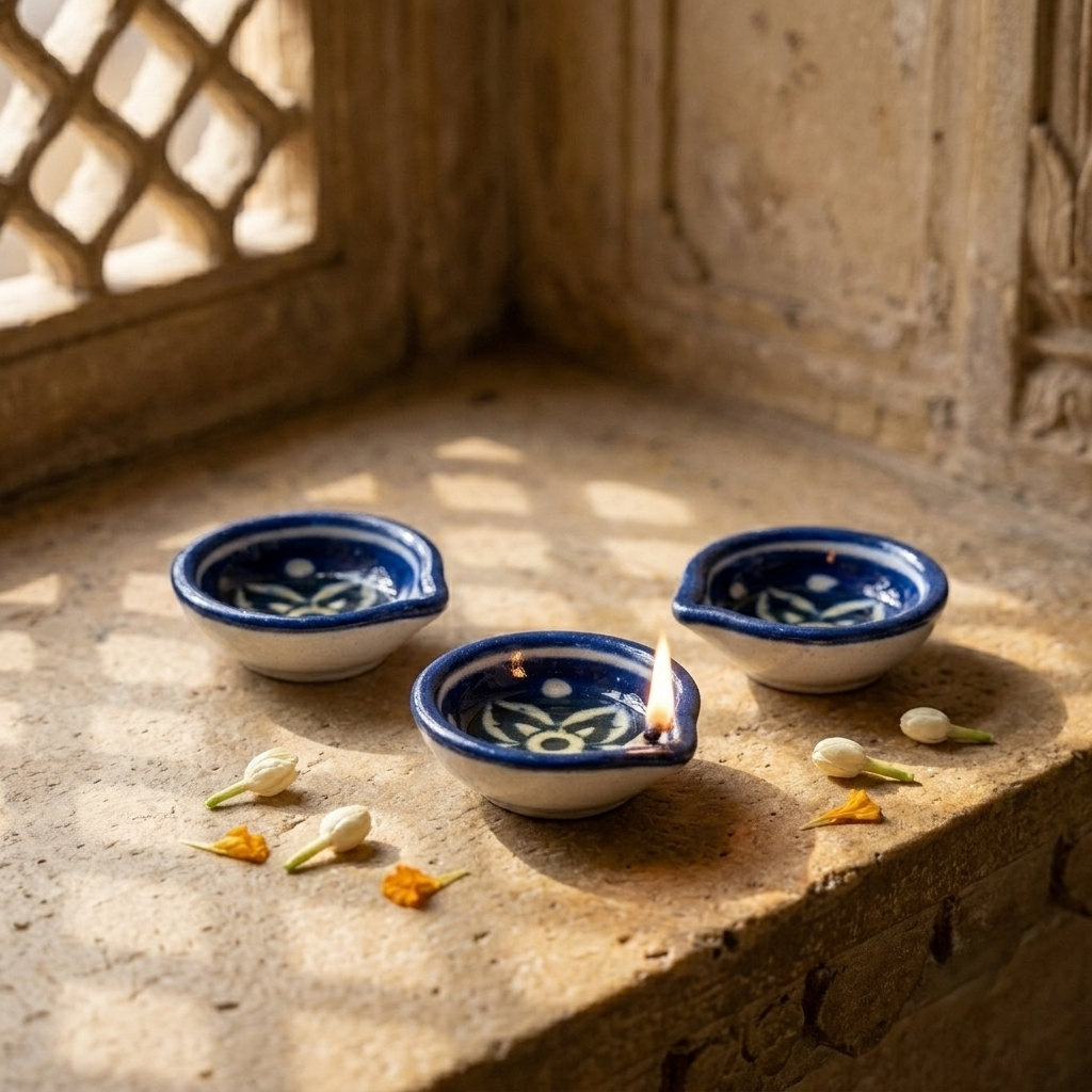 Three handcrafted Jaipur Blue Pottery diyas placed beside a rustic window in warm natural sunlight, minimal home décor styling