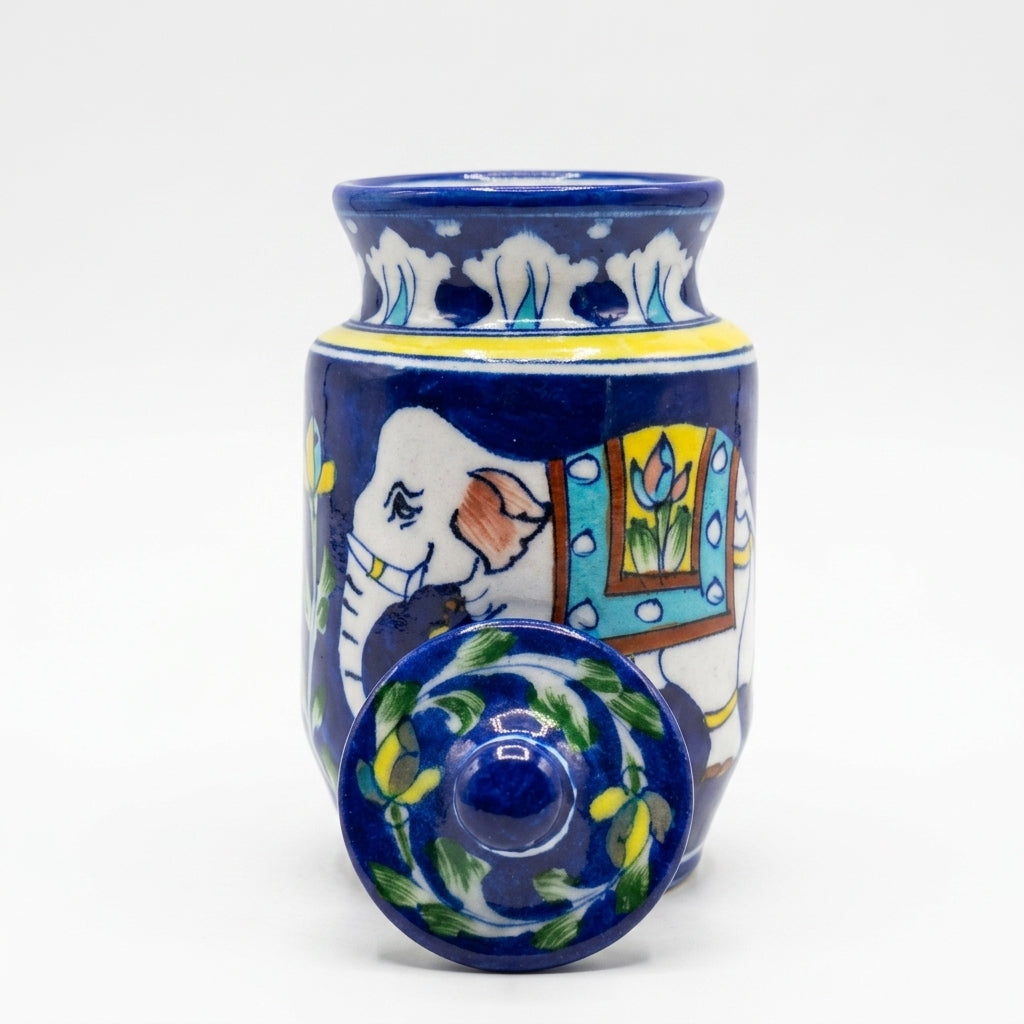 Handcrafted Blue Pottery storage jar with lid removed showing interior, elephant motif, used as a tea & spice canister
