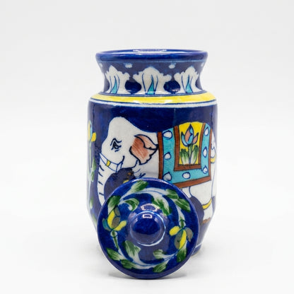Handcrafted Blue Pottery storage jar with lid removed showing interior, elephant motif, used as a tea & spice canister