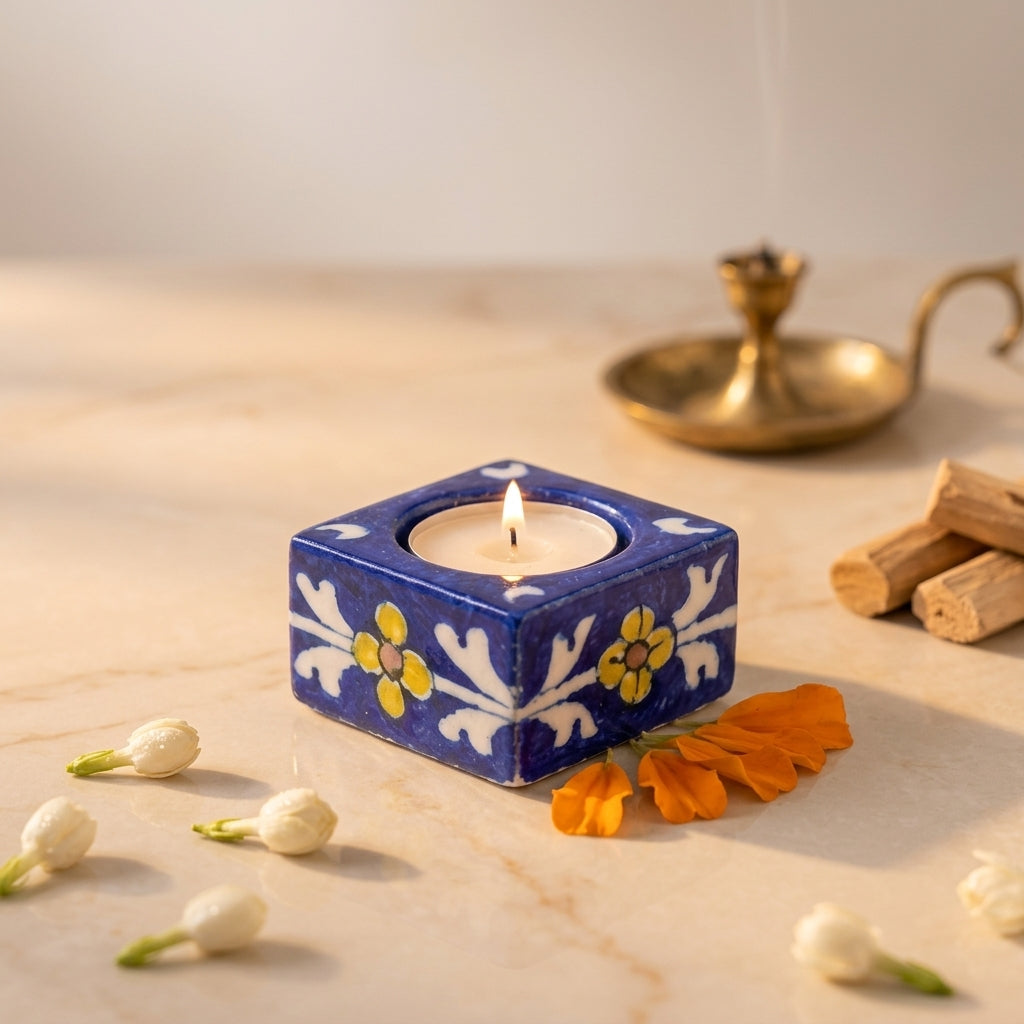 Handcrafted ceramic square cobalt blue Jaipur Blue Pottery candle holder with floral motifs for coffee table and living room décor