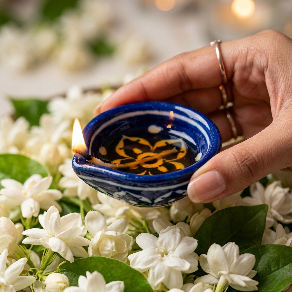 Hand holding a handcrafted Jaipur Blue Pottery diya with white floral artwork above fresh jasmine flowers