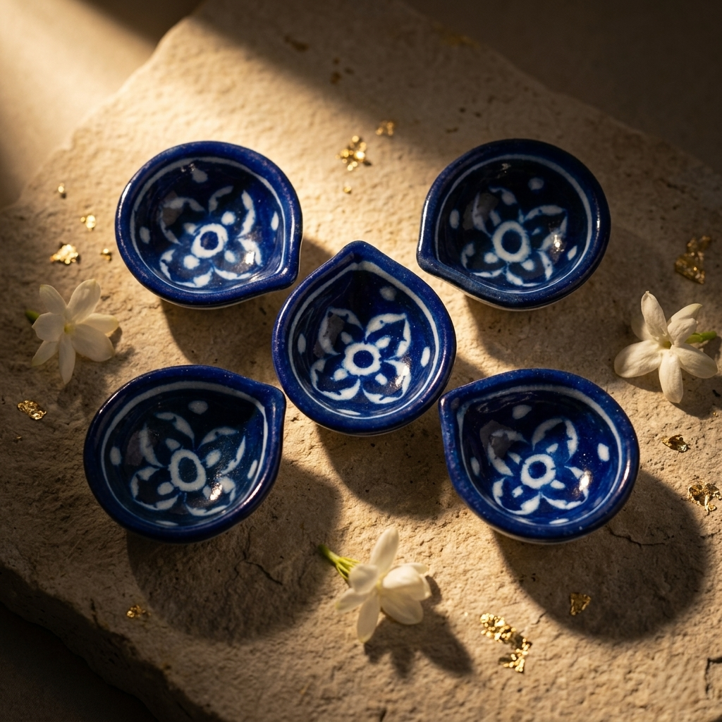 Five handcrafted Blue Pottery diyas arranged together with dramatic natural light highlighting white floral motifs