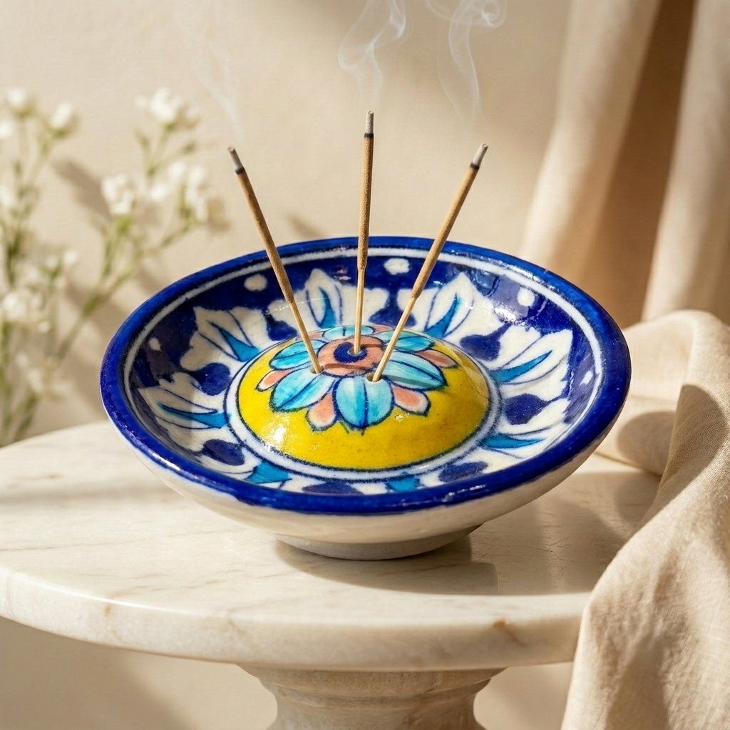 Jaipur Blue Pottery incense stand with multiple incense sticks in the central dome, meditation room décor