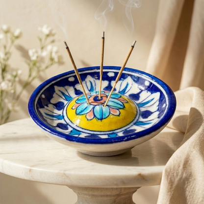 Jaipur Blue Pottery incense stand with multiple incense sticks in the central dome, meditation room décor