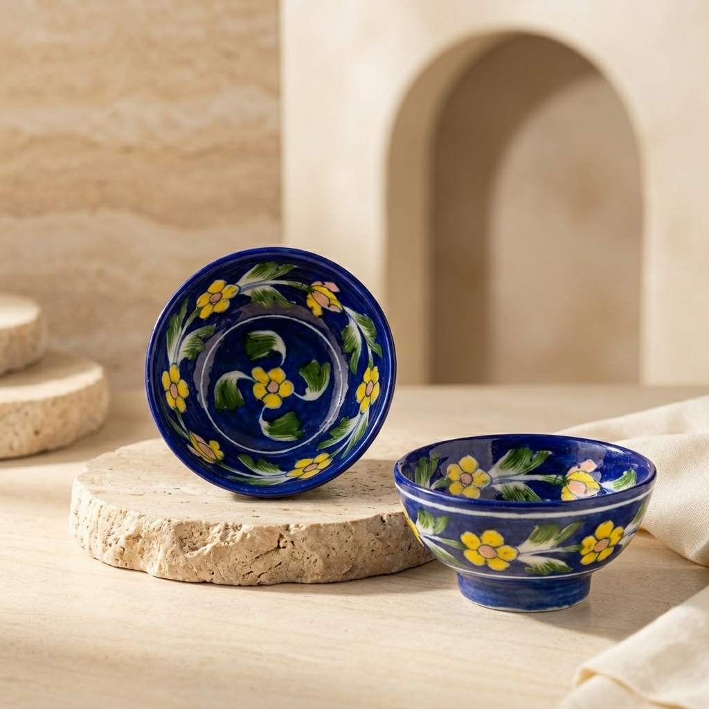 Handcrafted Jaipur Blue Pottery serving bowl displaying traditional floral artwork inspired by Rajasthan's heritage craft
