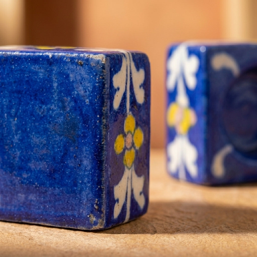 Close-up of a handcrafted Jaipur Blue Pottery square candle holder with hand-painted floral motifs in glazed ceramic