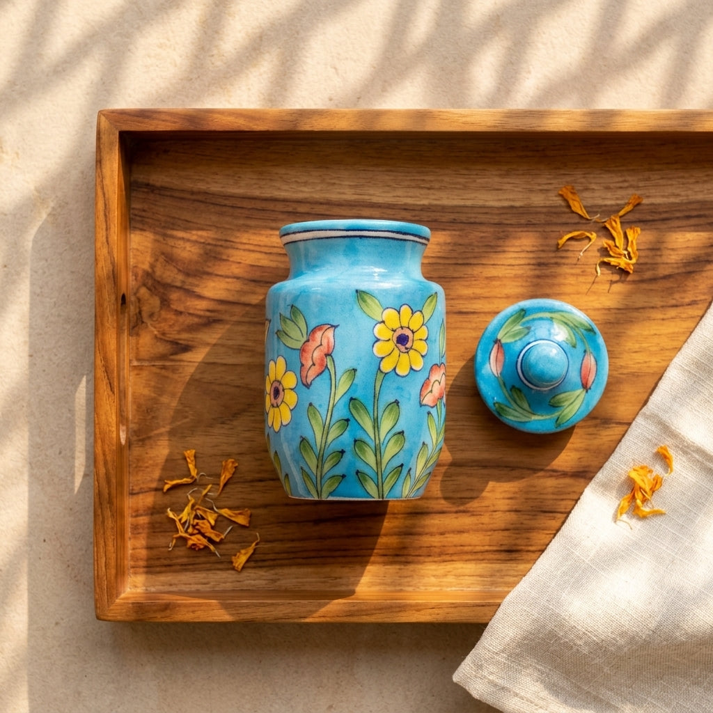 Jaipur Blue Pottery storage jar with lid removed on a dark tray, turquoise and yellow sunflower motif visible