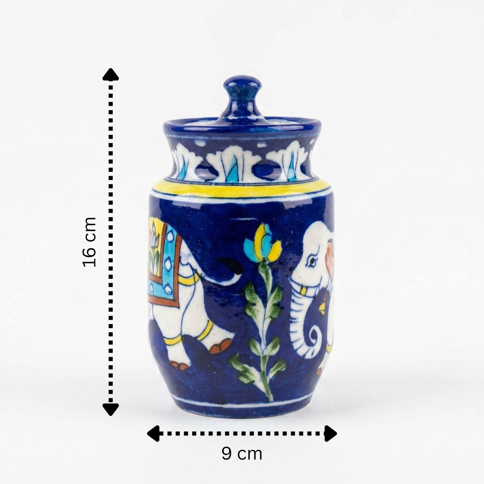 Handmade Blue Pottery elephant storage jar size reference — 18cm height, cobalt glaze with hand-painted elephant and floral vine