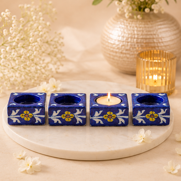 Handmade Jaipur Blue Pottery candle holder set of 4 showcasing traditional Rajasthani ceramic craftsmanship for home decoration
