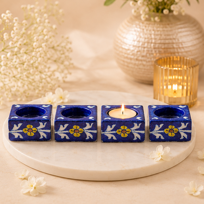 Handmade Jaipur Blue Pottery candle holder set of 4 showcasing traditional Rajasthani ceramic craftsmanship for home decoration