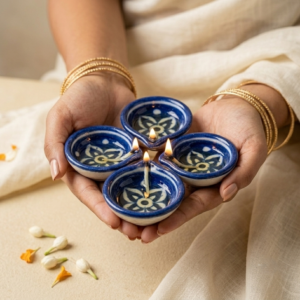 Handmade Jaipur Blue Pottery diyas held in both hands, showcasing artisan craftsmanship and cobalt blue glaze, Diwali decor, puja and festive decor