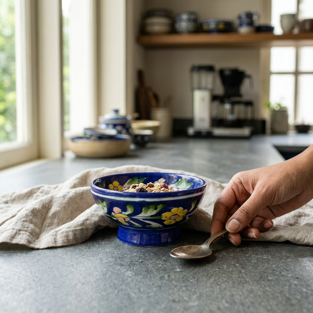 Handcrafted Jaipur Blue Pottery serving bowl with floral motifs showcased in a modern kitchen, blending heritage with everyday use