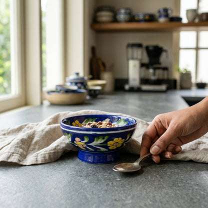 Handcrafted Jaipur Blue Pottery serving bowl with floral motifs showcased in a modern kitchen, blending heritage with everyday use