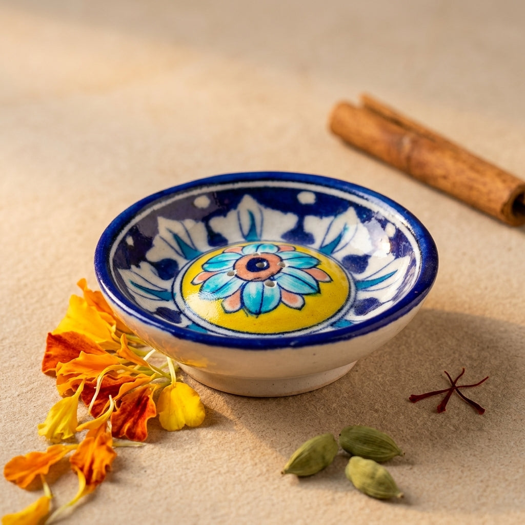 Blue Pottery Jaipur incense holder handcrafted with cinnamon sticks and marigold petals, warm artisan lifestyle context
