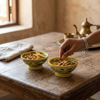 Jaipur Yellow Blue Pottery bowls being arranged on a rustic wooden table, highlighting authentic artisan craftsmanship