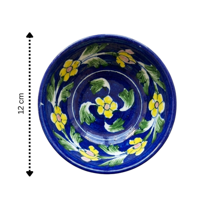 Jaipur Blue Pottery bowl size reference — 12cm height, cobalt body with yellow floral motif