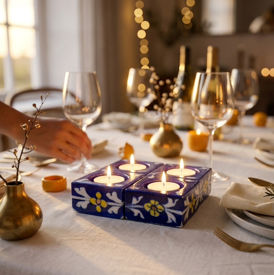 Handmade Jaipur Blue Pottery candle holder set of 4 decorating a festive dining table with handcrafted ceramic elegance