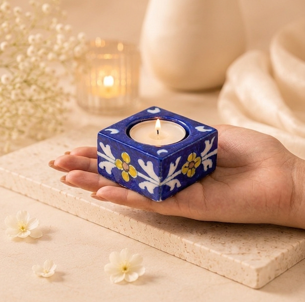 Handmade Jaipur Blue Pottery candle holder with floral detailing displayed for luxury home styling inspiration