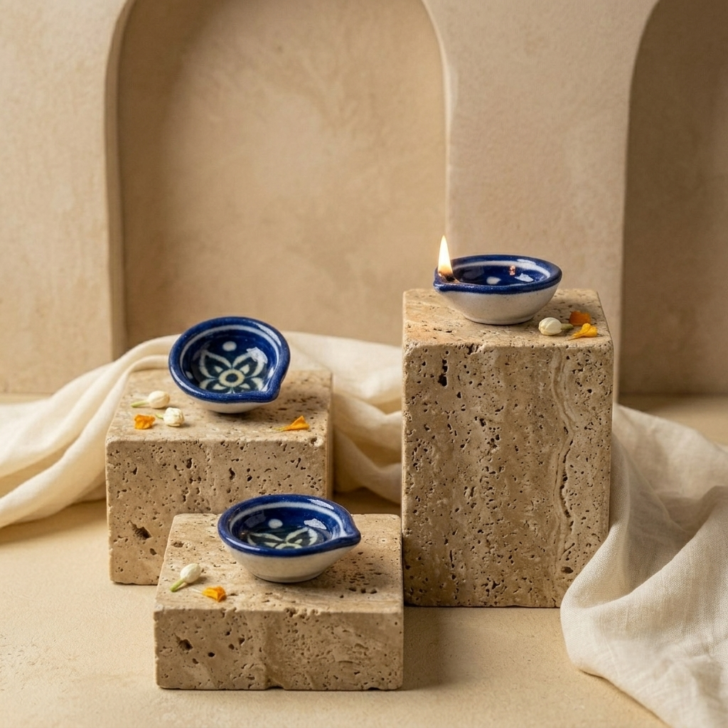 Three handpainted Jaipur Blue Pottery diyas displayed on stone blocks with soft neutral drapery in a minimal décor setting