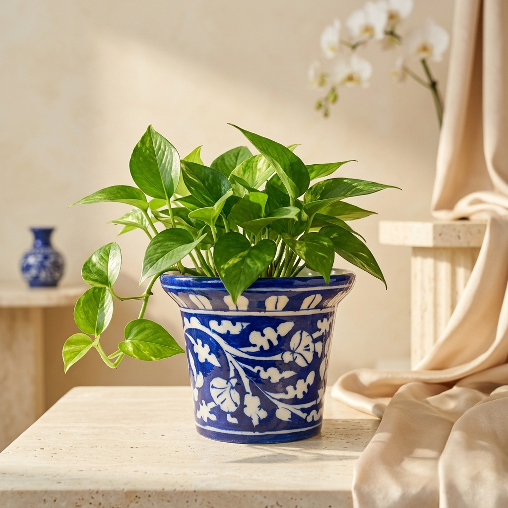 Blue Pottery plant pot with a pothos planted inside, white vine motif on cobalt, indoor gardening décor