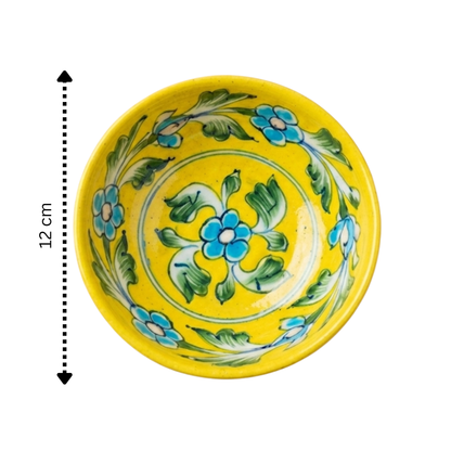 Jaipur Blue Pottery yellow bowl size reference — 12cm height, blue floral and green vine hand-painted motif