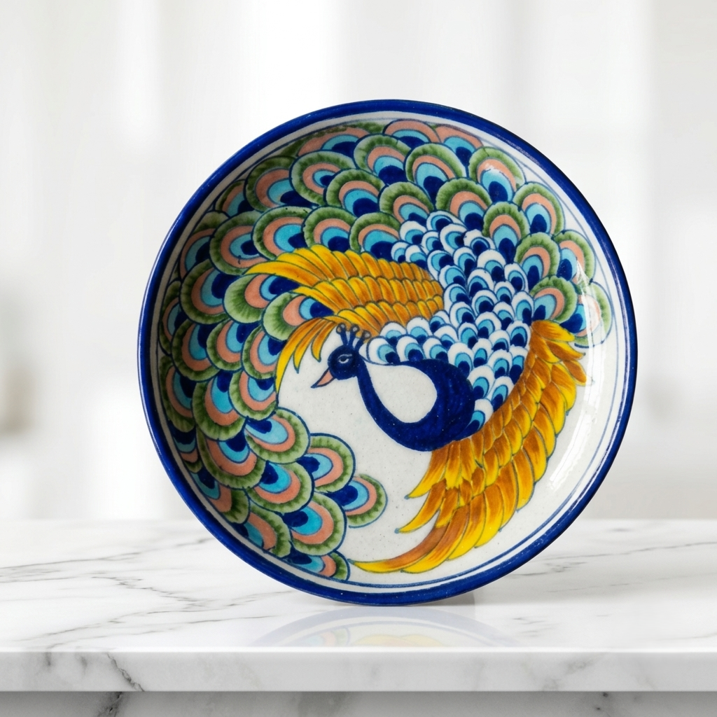 Jaipur Blue Pottery plate with hand-painted peacock and golden fan tail, isolated on clean white background