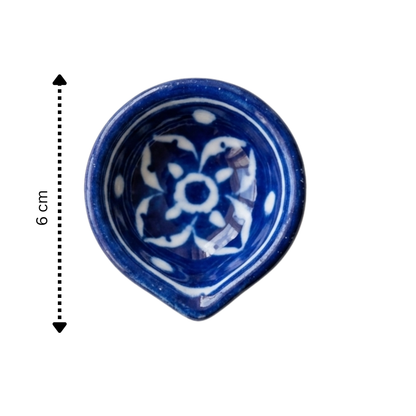 Jaipur Blue Pottery diya size reference measuring 6 cm with hand-painted white floral motif on a clean white background