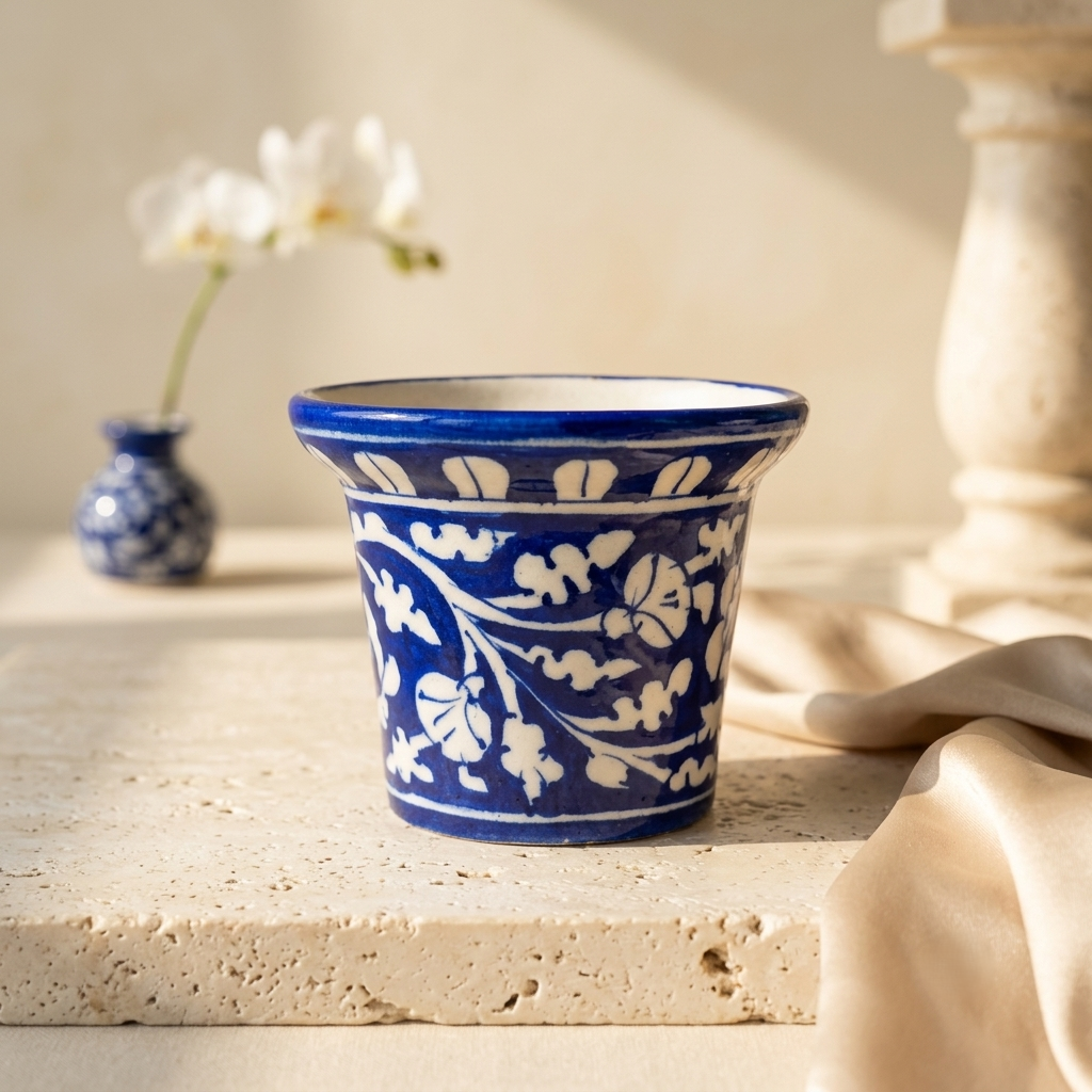 Handmade Blue Pottery planter with all-over white botanical vine on cobalt blue, indoor plant pot