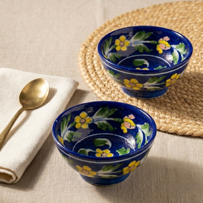 Handcrafted Jaipur Blue Pottery bowls set of 2 with hand-painted floral motifs styled for elegant serving and table décor